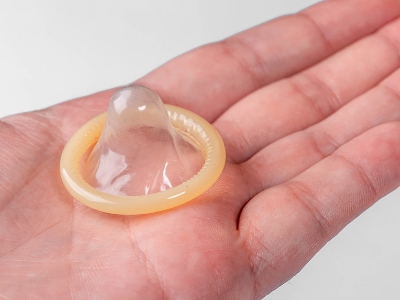 unused condom on a mans palm